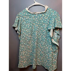 SHEIN Top Ditsy Floral Flutter Sleeve Size Teal Blue Size XXL